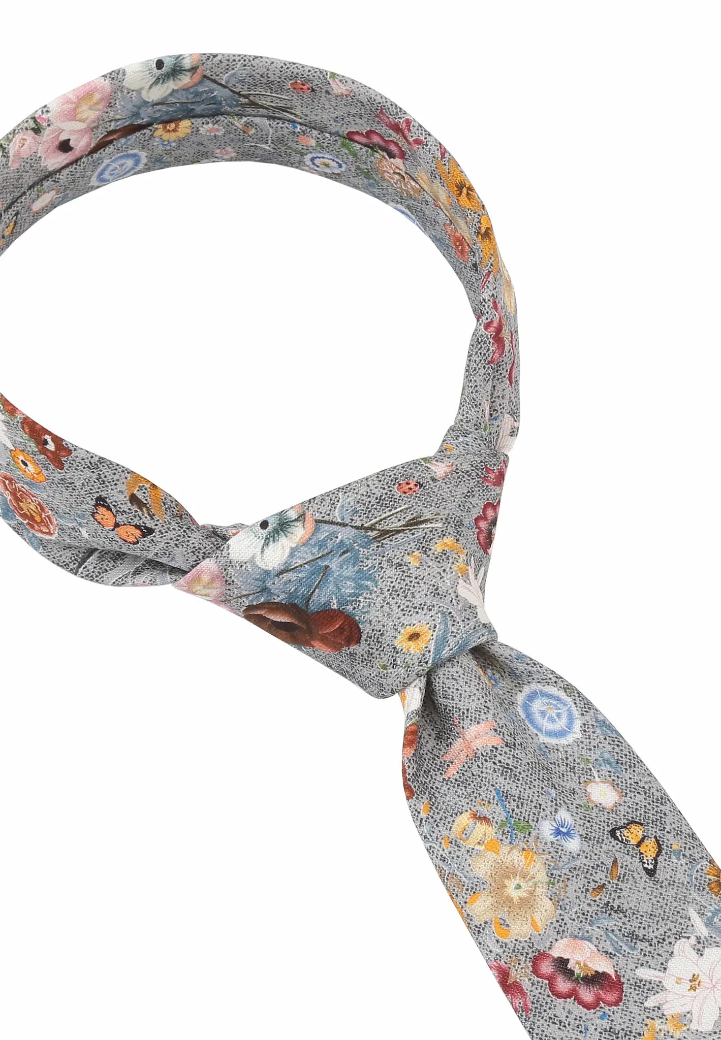 (Grau) Krawatte Blumenmuster – Detailansicht gebundener Knoten