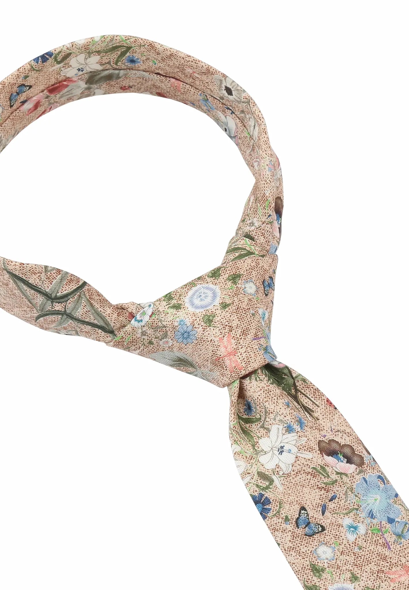 (Beige) Krawatte Blumenmuster – Detailansicht gebundener Knoten