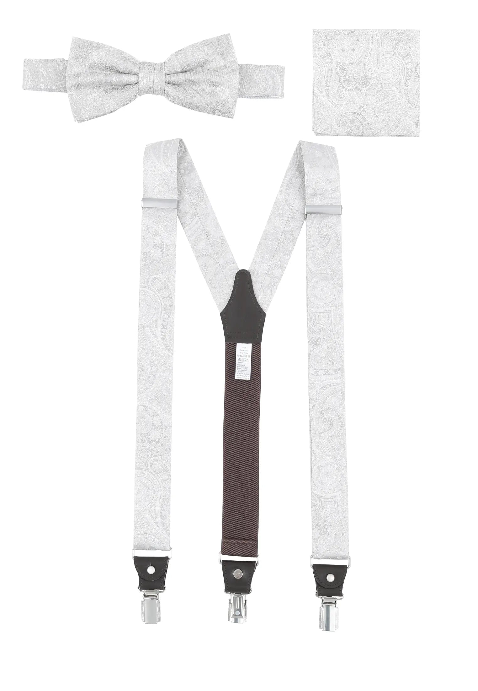 (Champagner) Hosenträger Set Paisley Seide mit Fliege und Einstecktuch – Gesamtansicht Y-Form