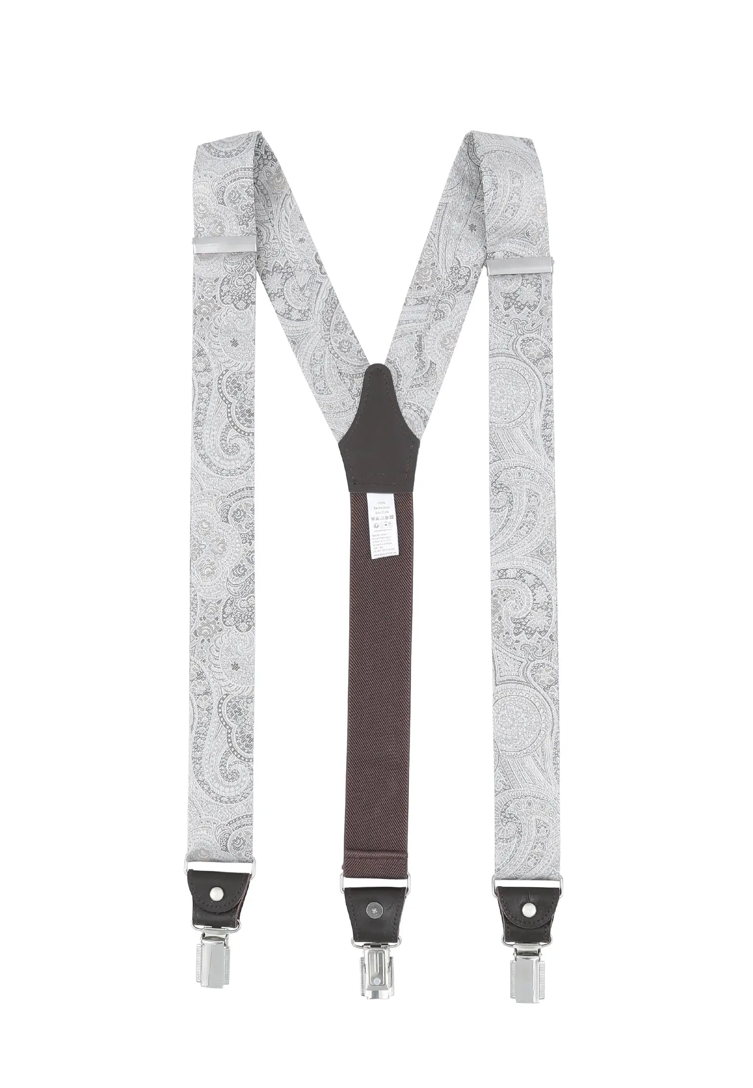 (Silber) Hosenträger Herren Paisley Seide – Y-Form Rückansicht mit Clips und Lederdetails