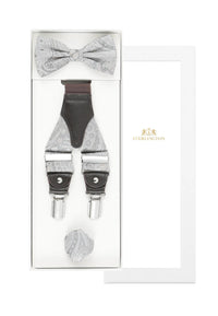 (Silber) Hosenträger Set Hochzeit Paisley mit Fliege und Einstecktuch – Sterlington Geschenkbox