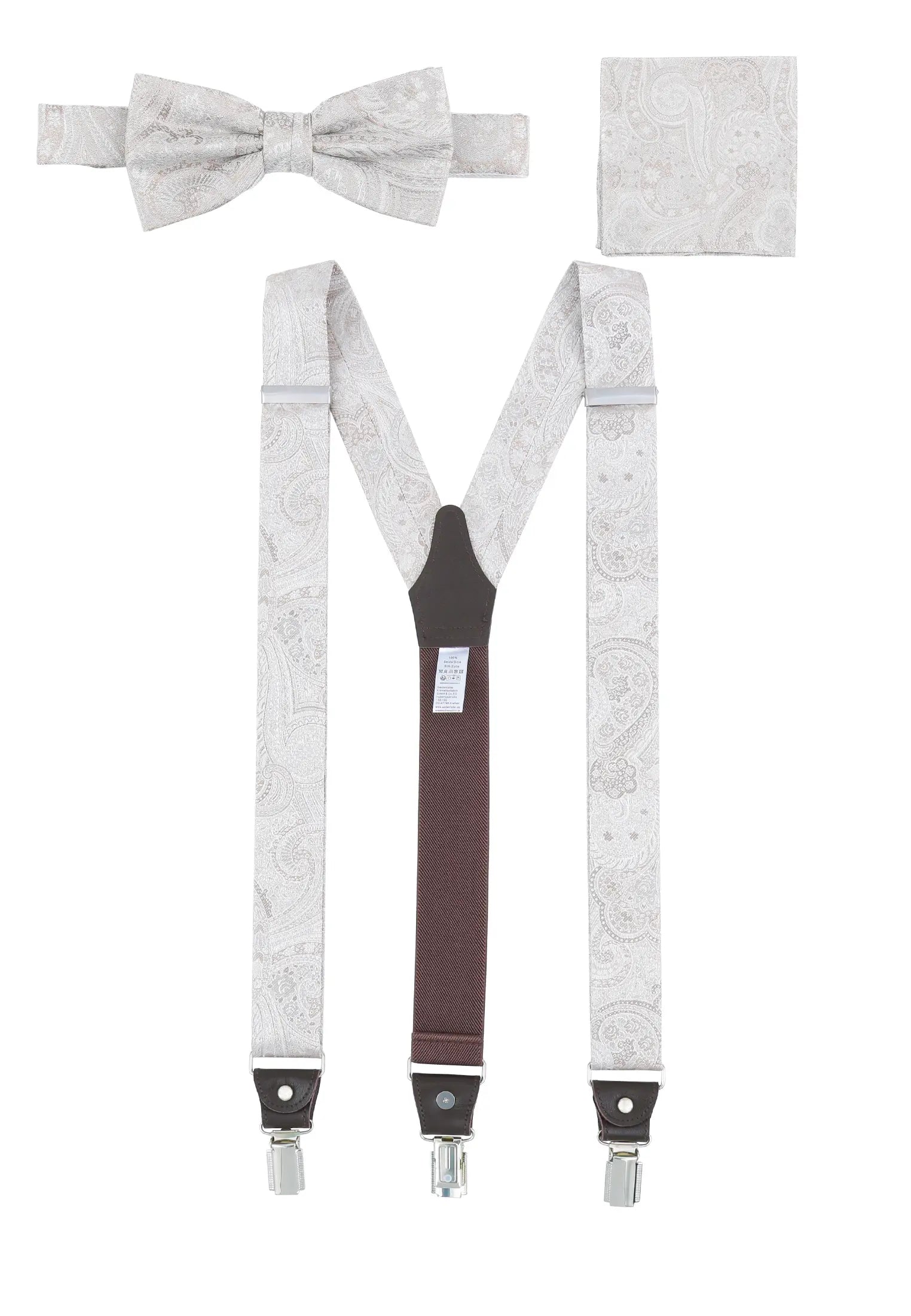 (Beige) Hosenträger Set Paisley Seide mit Fliege und Einstecktuch – Gesamtansicht Y-Form