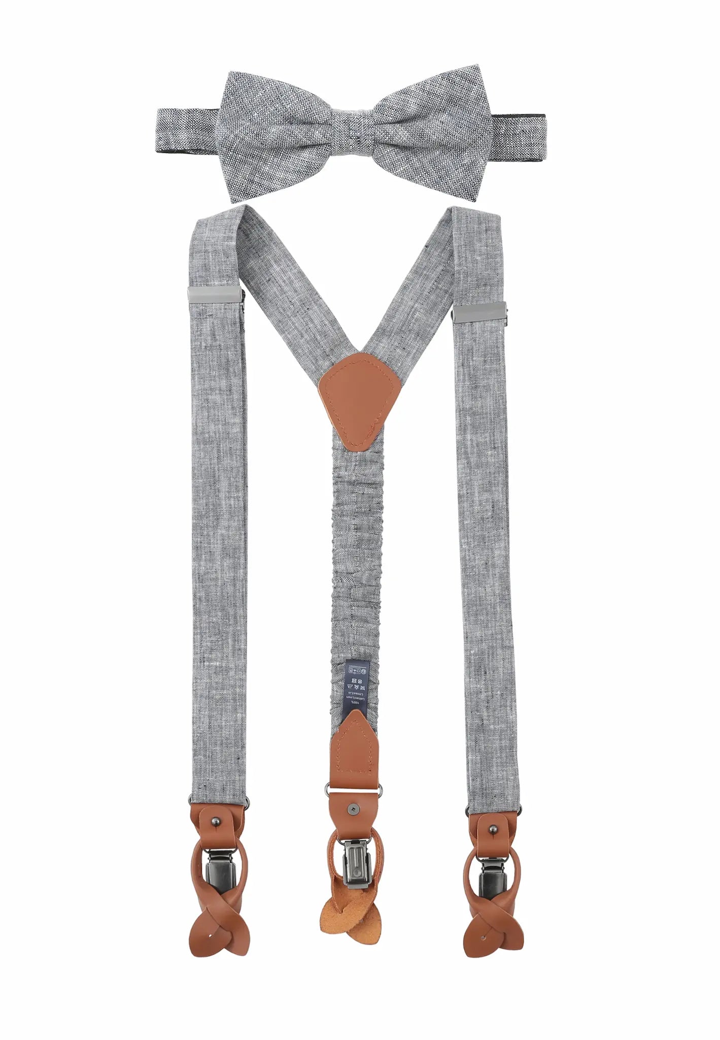 (Blau) Hosenträger und Fliege Herren Leinen – Y-Form mit Lederdetails