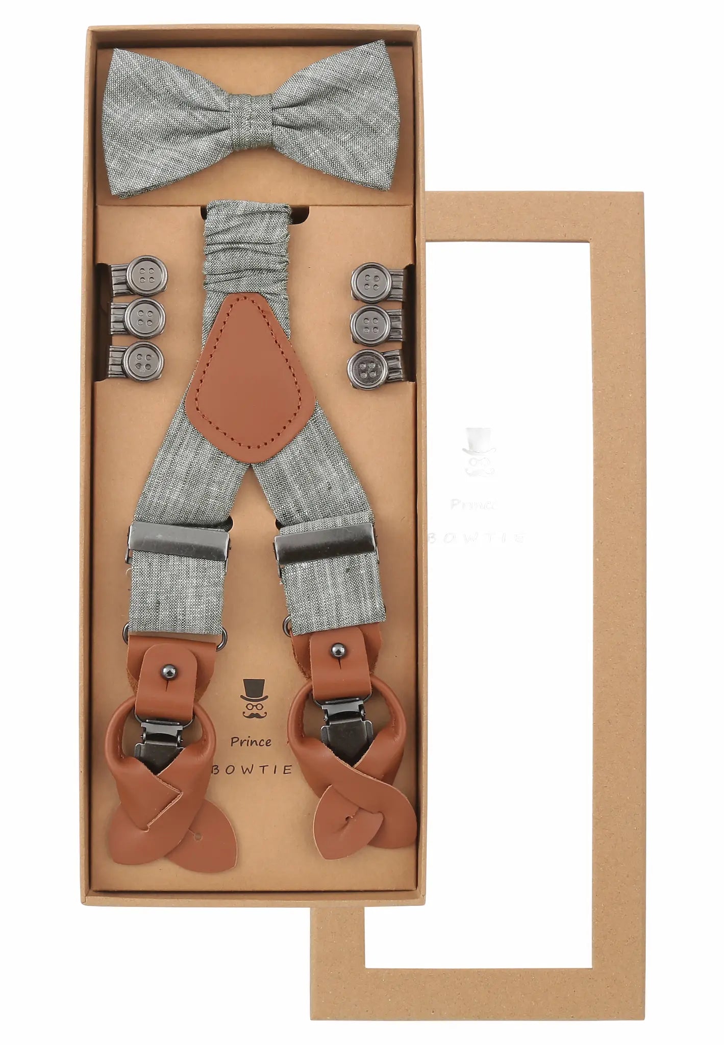 (Mint) Hosenträger Set Herren Leinen mit Fliege – Geschenkbox Prince Bowtie