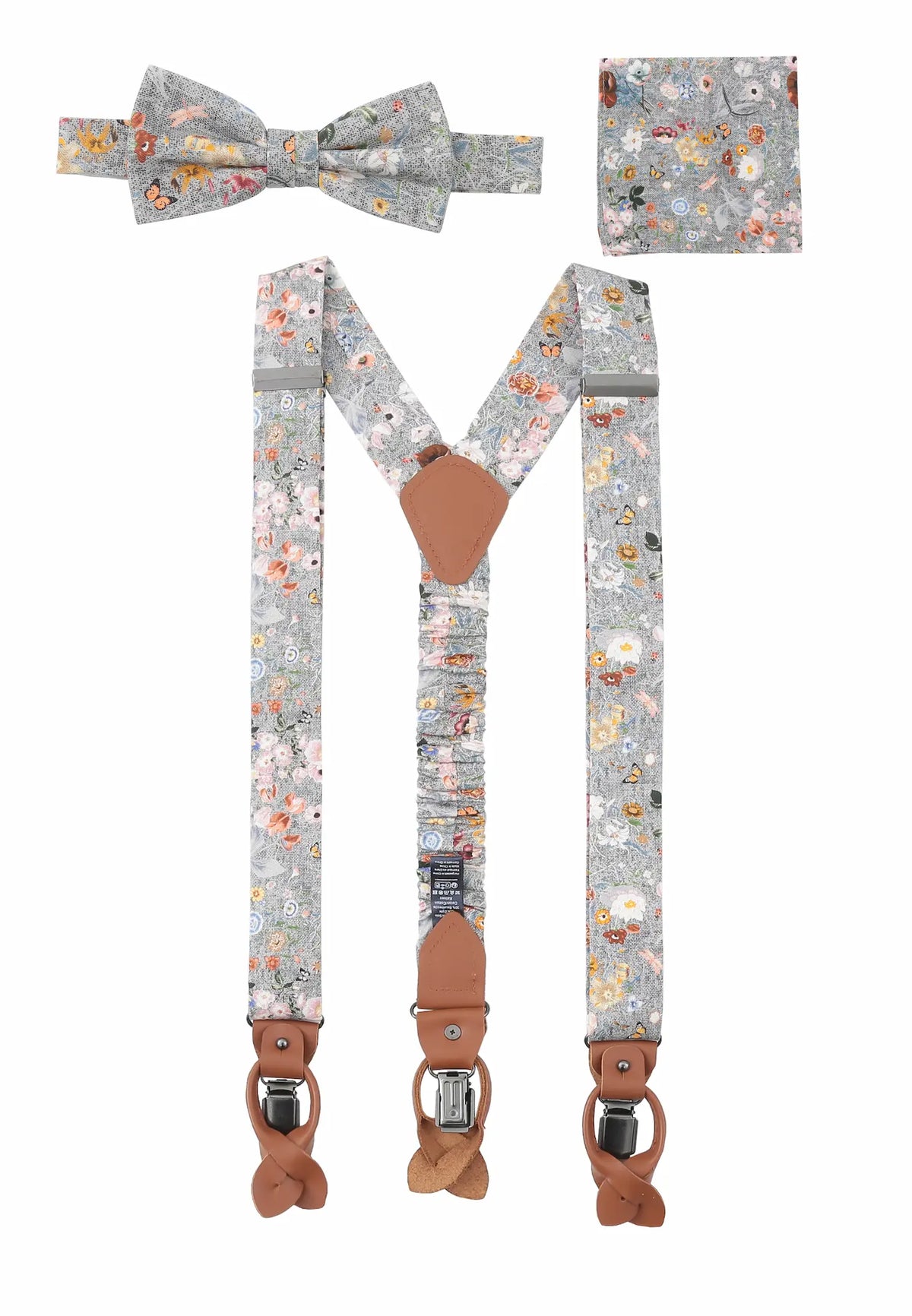 (Grau) Hosenträger Set Blumenmuster mit Fliege und Einstecktuch – Gesamtansicht