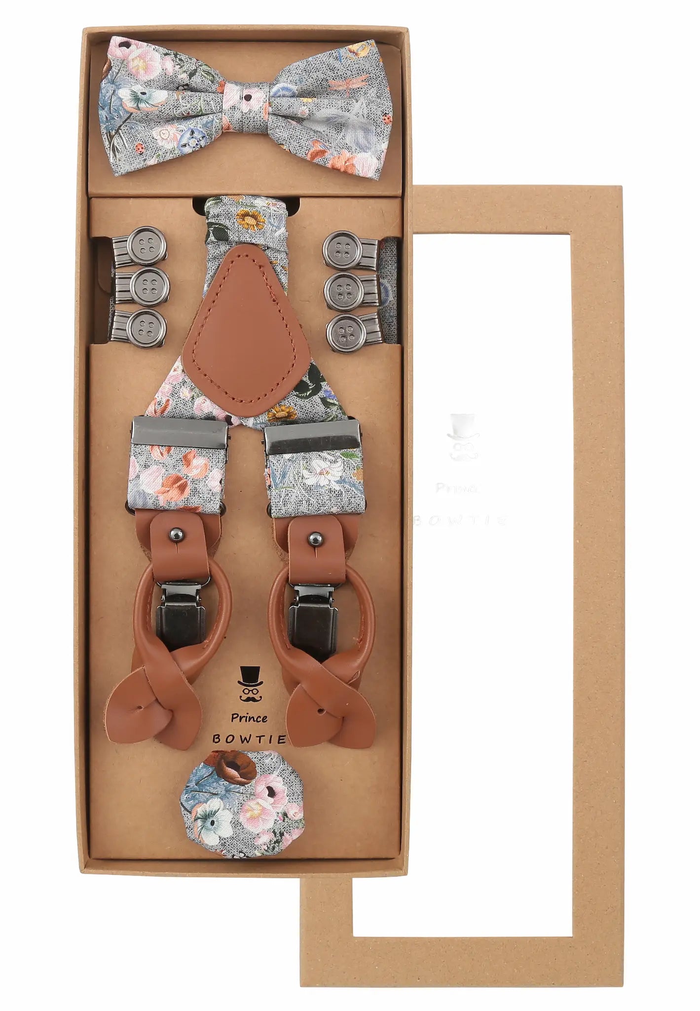 (Grau) Hosenträger Set Herren Blumenmuster mit Fliege – Geschenkbox