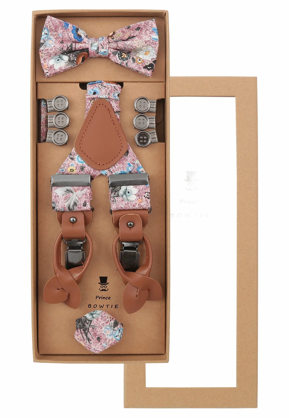 (Rot) Hosenträger Set Herren Blumenmuster mit Fliege – Geschenkbox