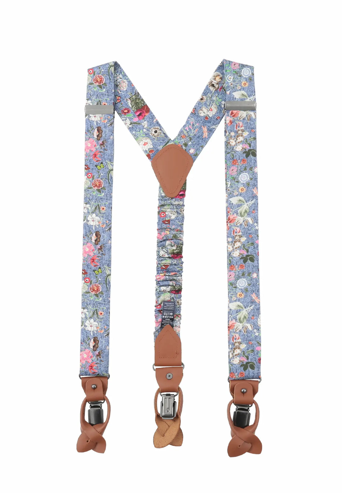 (Blau) Hosenträger Herren Blumenmuster – Rückansicht Y-Form mit Clips