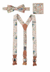 (Beige) Hosenträger Set Blumenmuster mit Fliege und Einstecktuch – Gesamtansicht