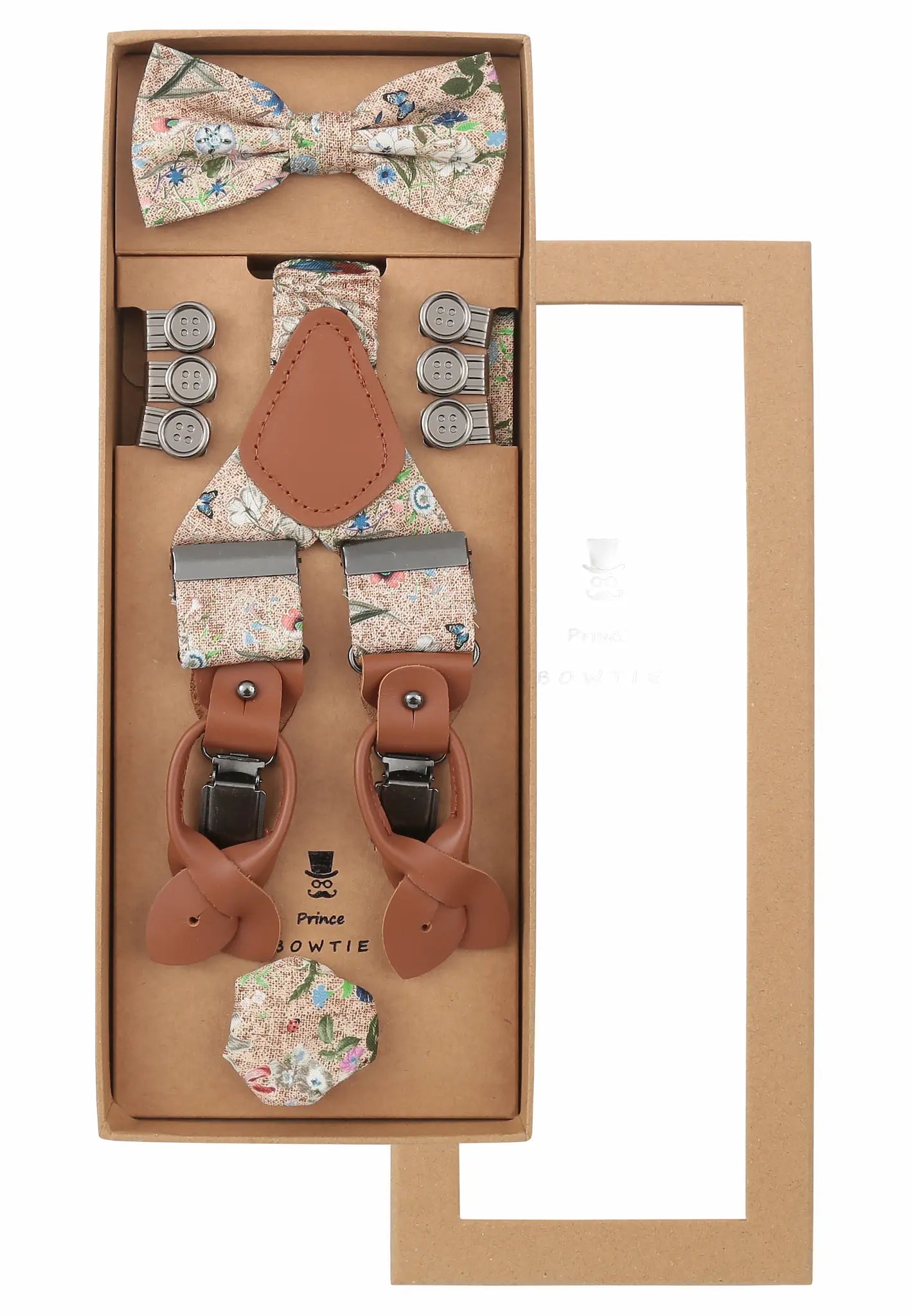 (Beige) Hosenträger Set Herren Blumenmuster mit Fliege – Geschenkbox