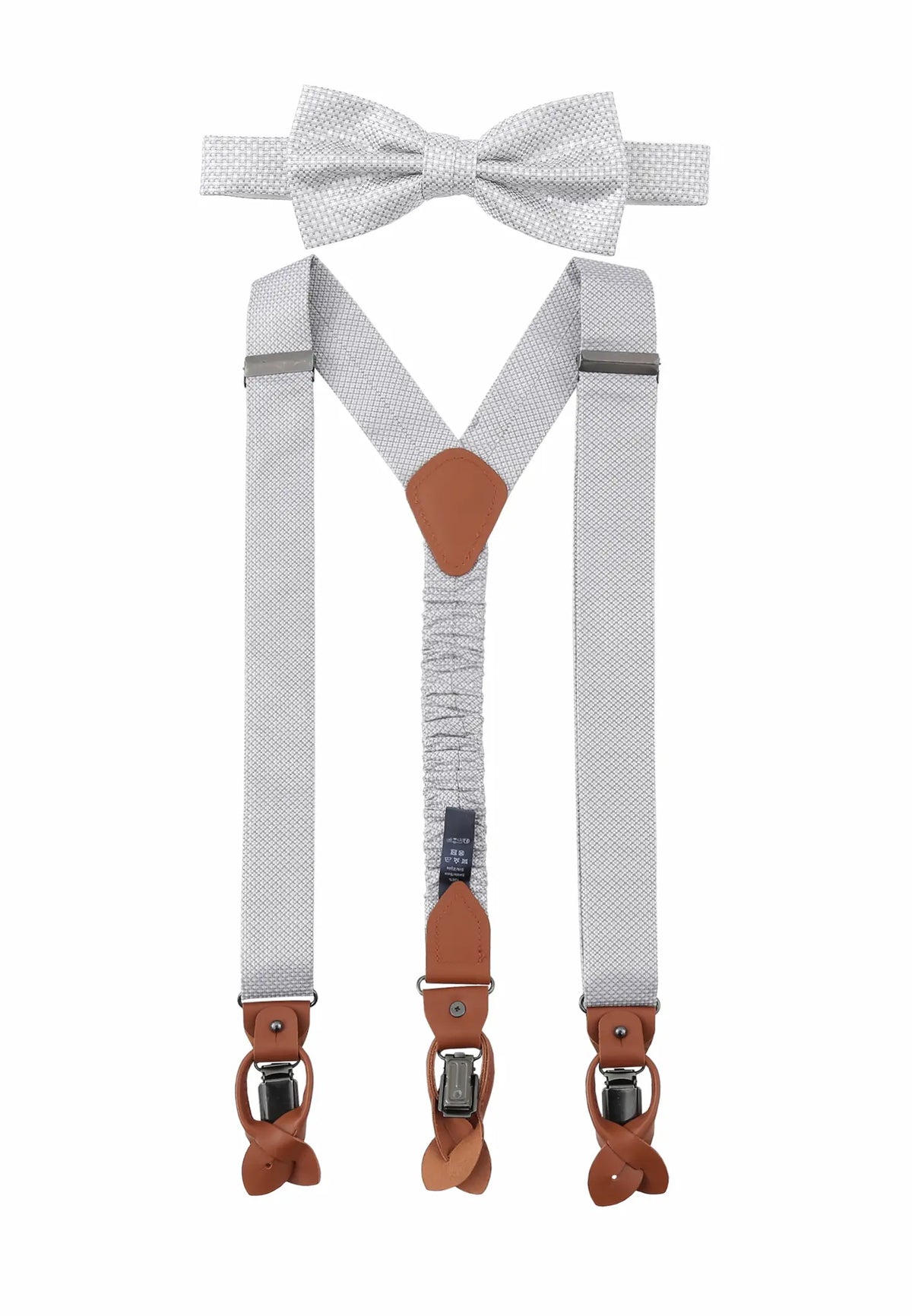 (Silber) Hosenträger und Fliege Herren Mikromuster Seide – Y-Form mit Lederdetails