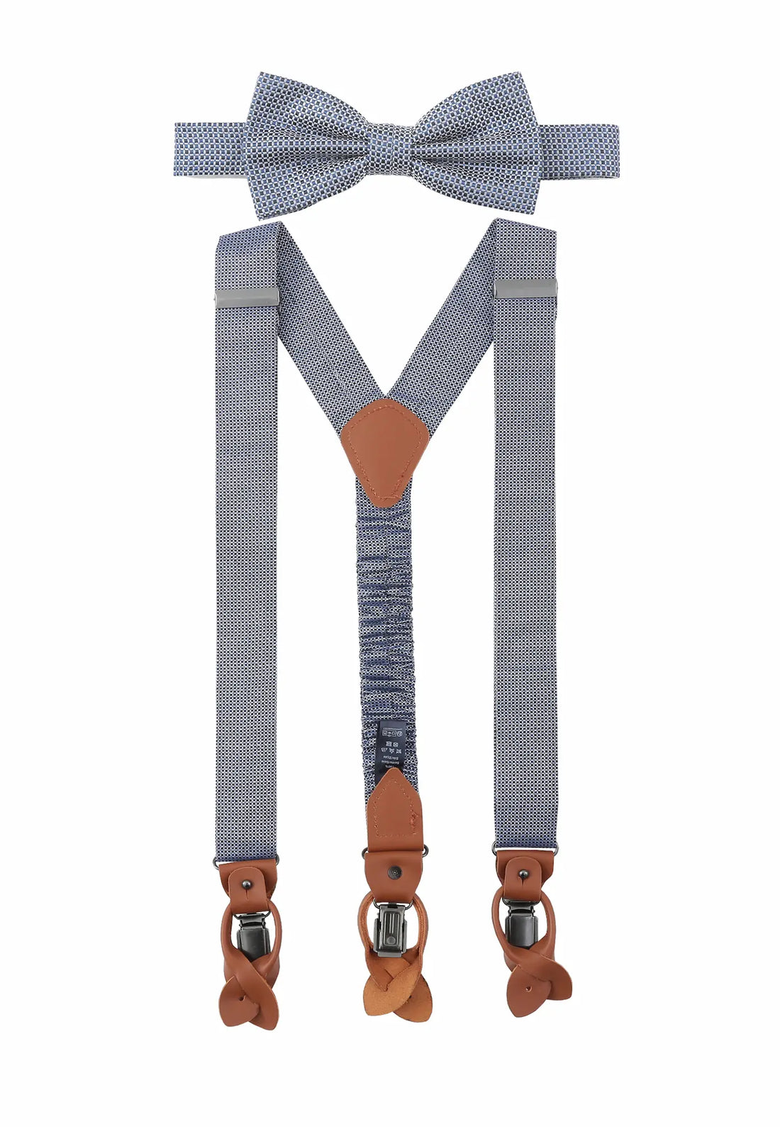 (Dunkelblau) Hosenträger und Fliege Herren Mikromuster Seide – Y-Form mit Lederdetails