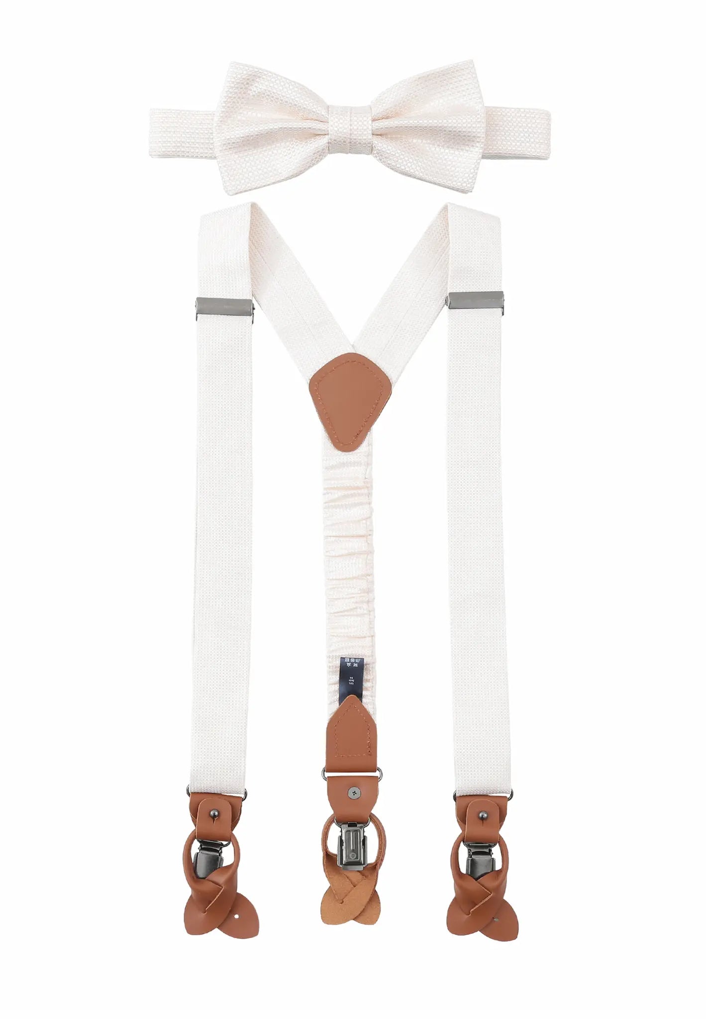 (Off-White) Hosenträger und Fliege Herren Mikromuster Seide – Y-Form mit Lederdetails