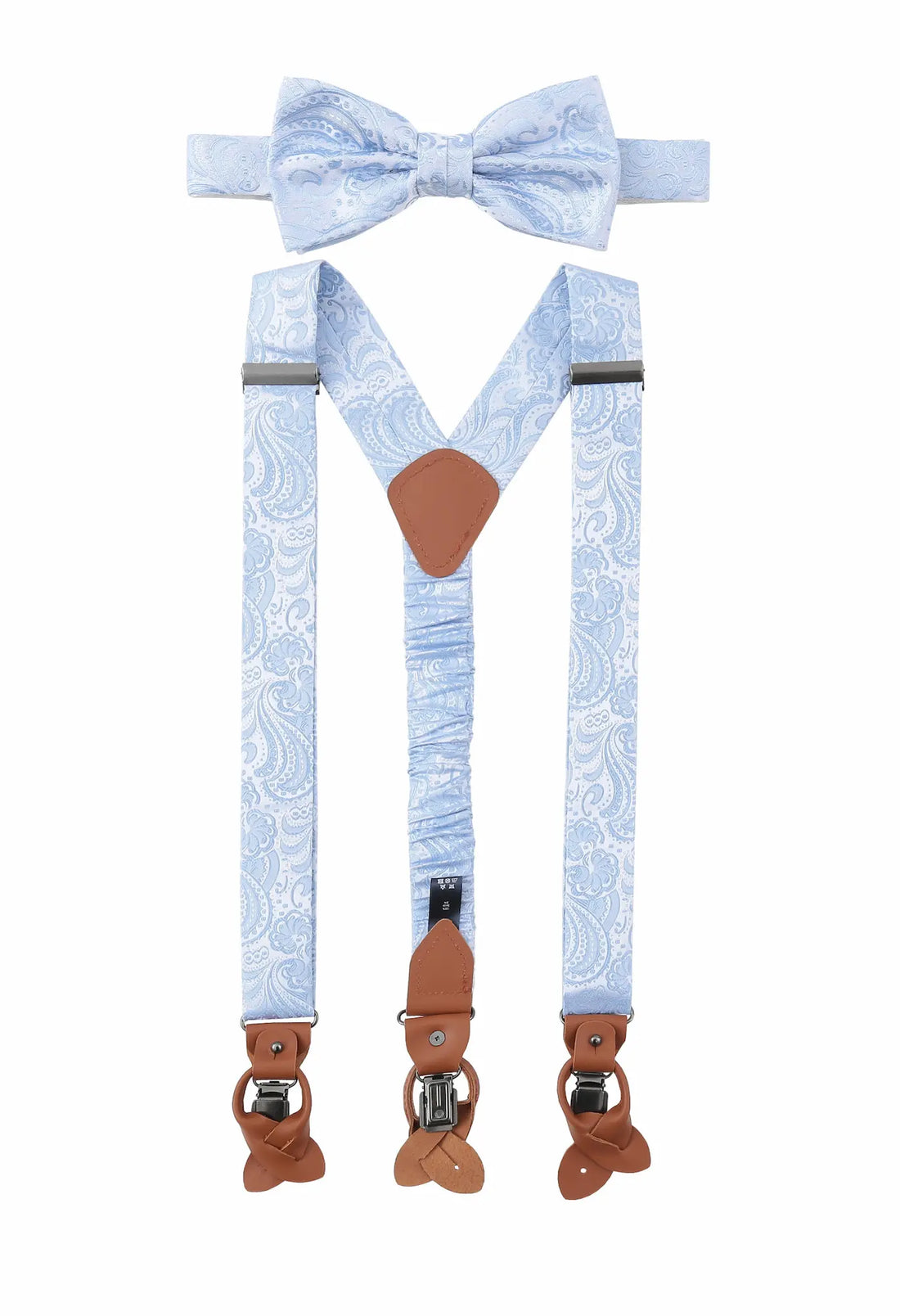 (Hellblau) Hosenträger und Fliege Herren Paisley Seide – Y-Form mit Lederdetails