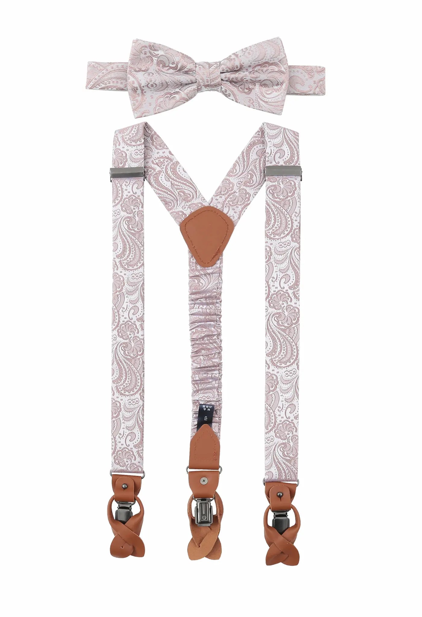 (Altrosa) Hosenträger und Fliege Herren Paisley Seide – Y-Form mit Lederdetails