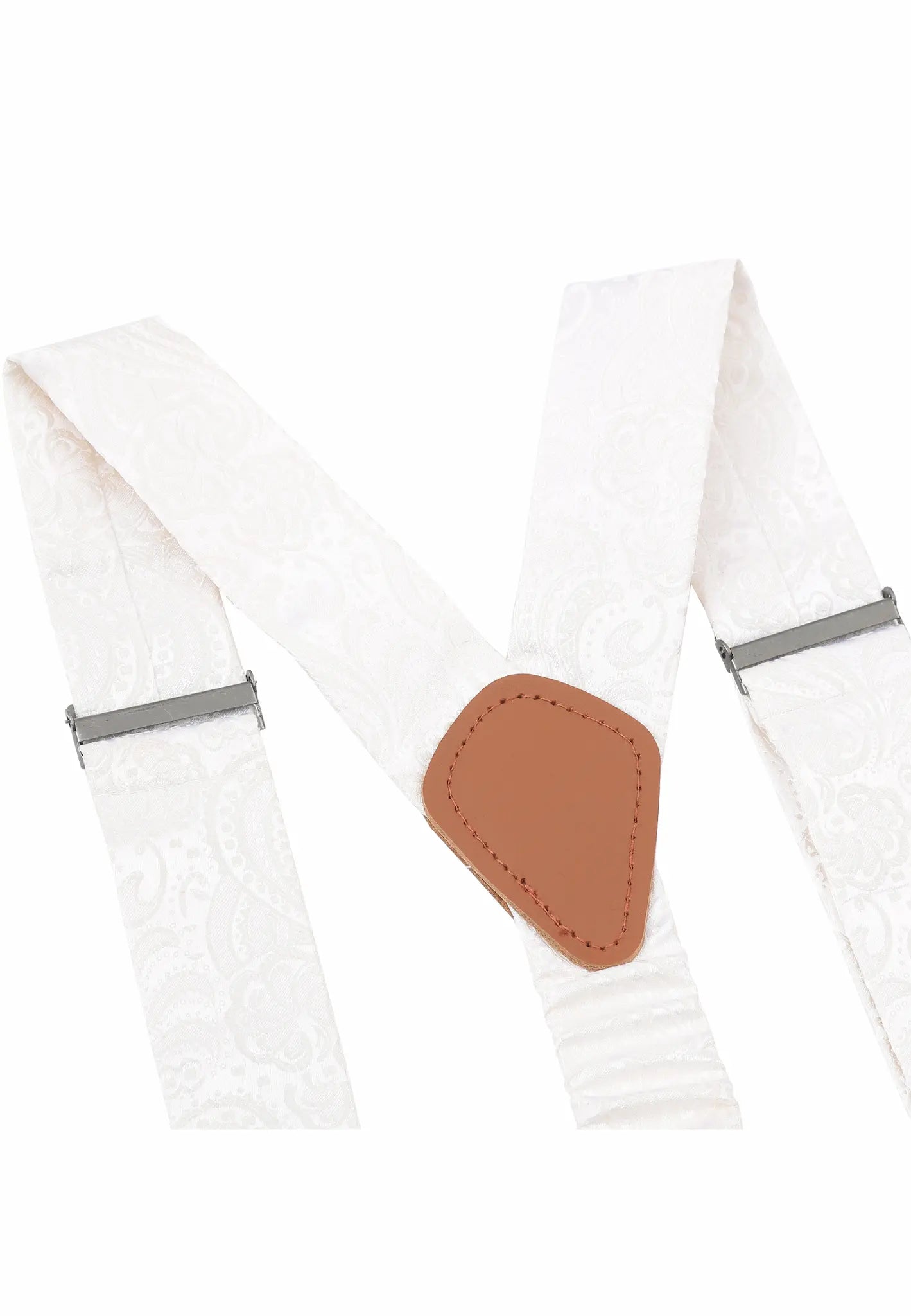 (Off-White) Hosenträger Paisley Seide – Detailansicht Rindsleder Rückenteil
