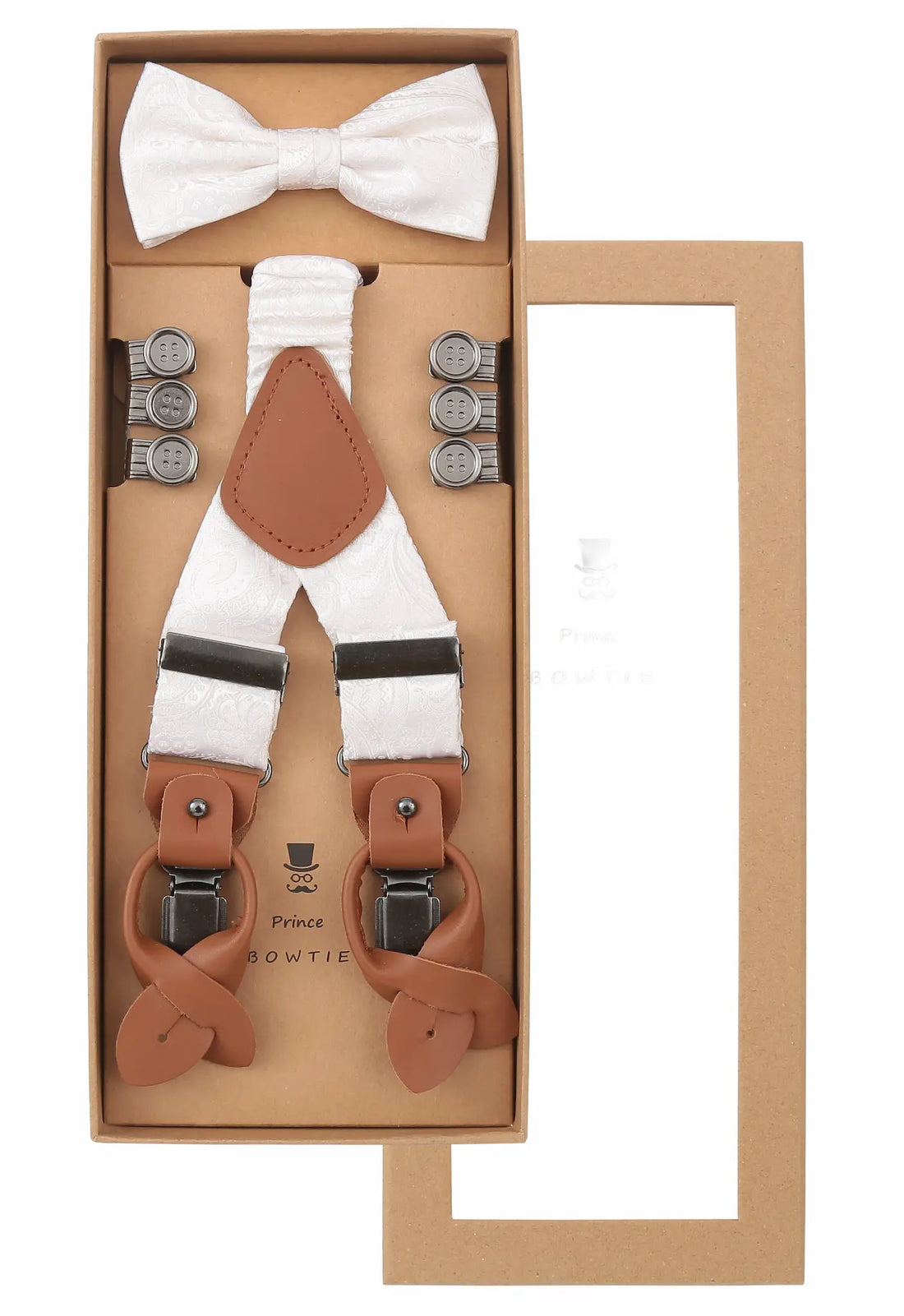 (Off-White) Hosenträger Set Herren mit Fliege Paisley Seide – Geschenkbox Prince Bowtie