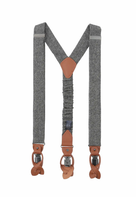 (Grau) Hosenträger Herren Tweed – Rückansicht Y-Form mit Clips und Lederschlaufen