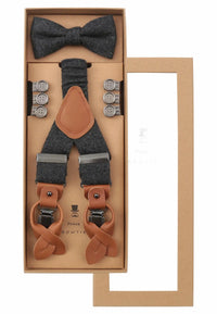 (Anthrazit) Hosenträger Set Herren mit Fliege Tweed Wolle – Geschenkbox Prince Bowtie