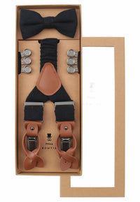 (Dunkelblau) Hosenträger Set Herren mit Fliege Tweed Wolle – Geschenkbox Prince Bowtie