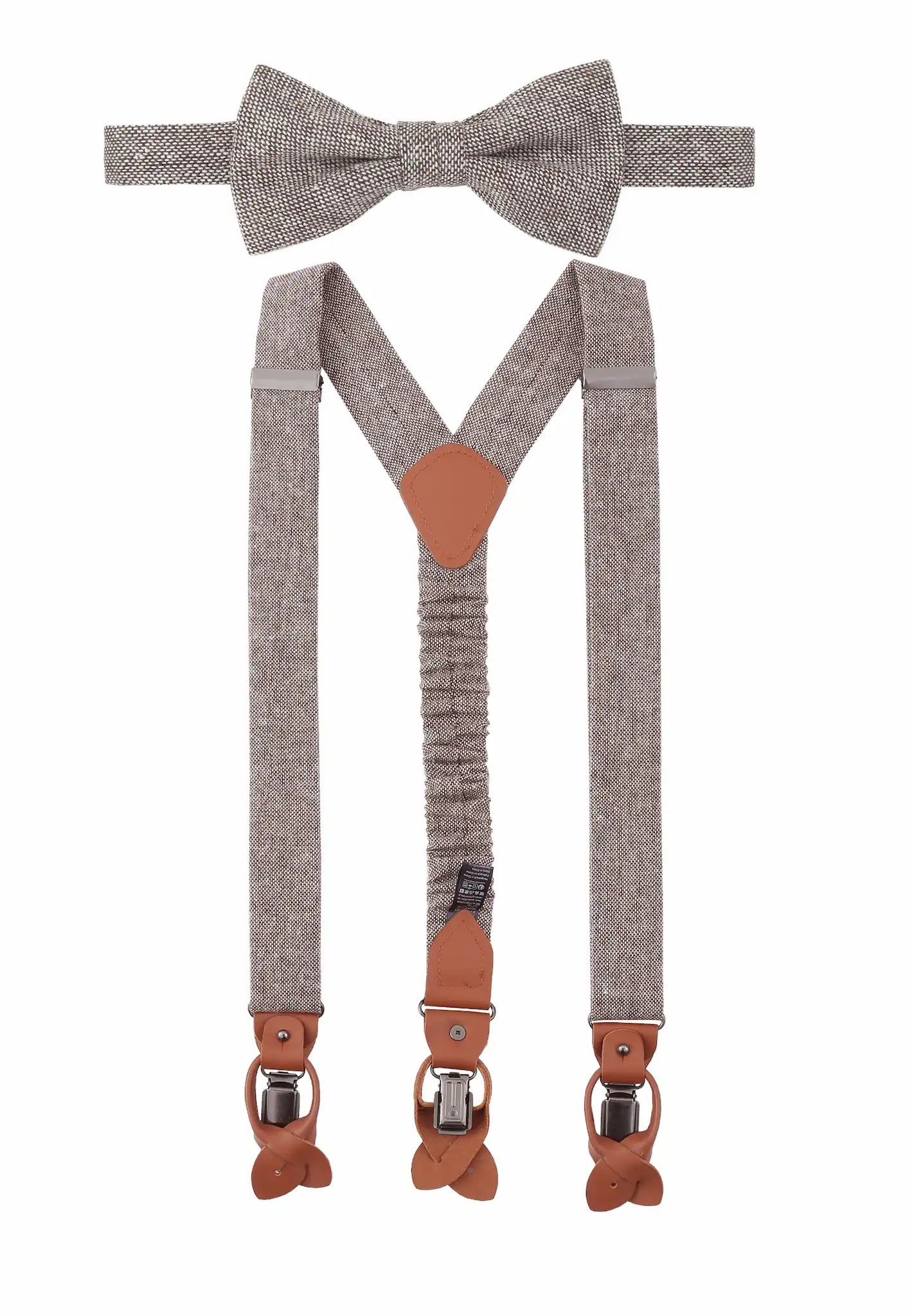 (Beige) Hosenträger und Fliege Herren Tweed – Y-Form mit Lederdetails