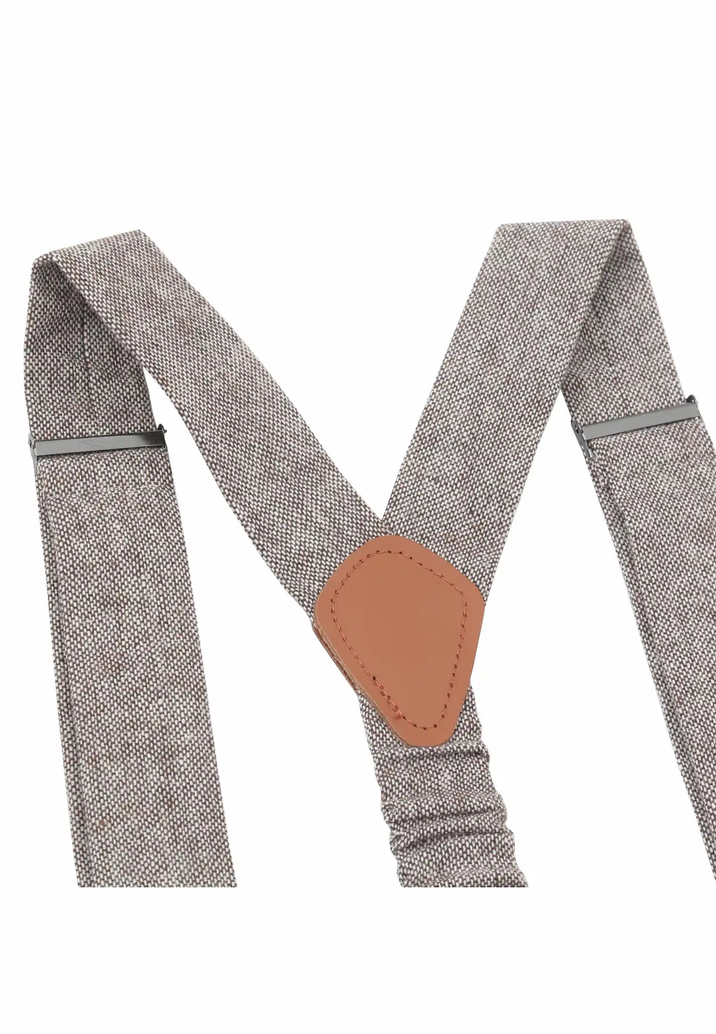 (Beige) Hosenträger Tweed – Detailansicht Rindsleder Rückenteil