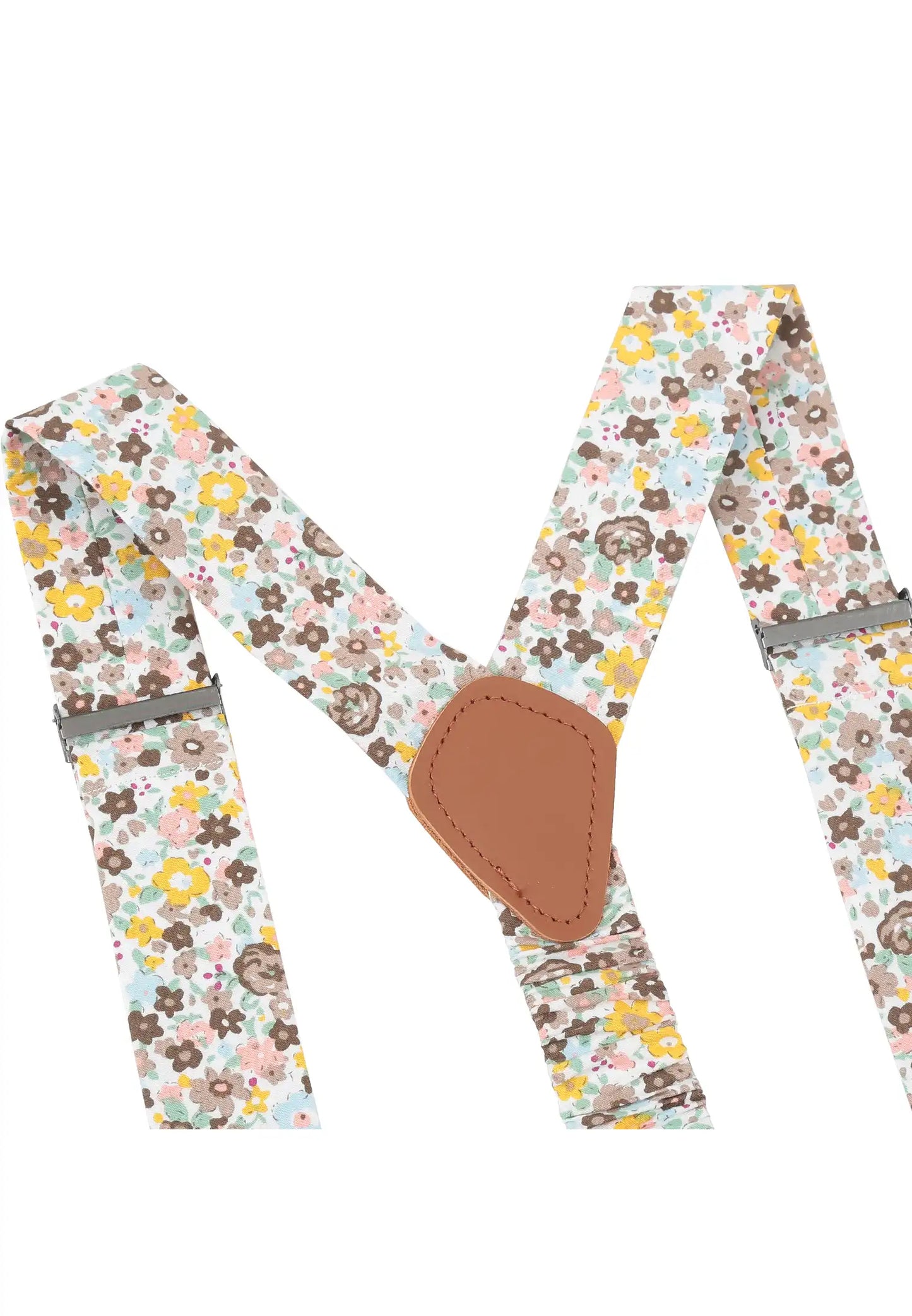 (Beige) Hosenträger Blumenmuster Y-Form – Detailansicht Lederdreieck und Muster