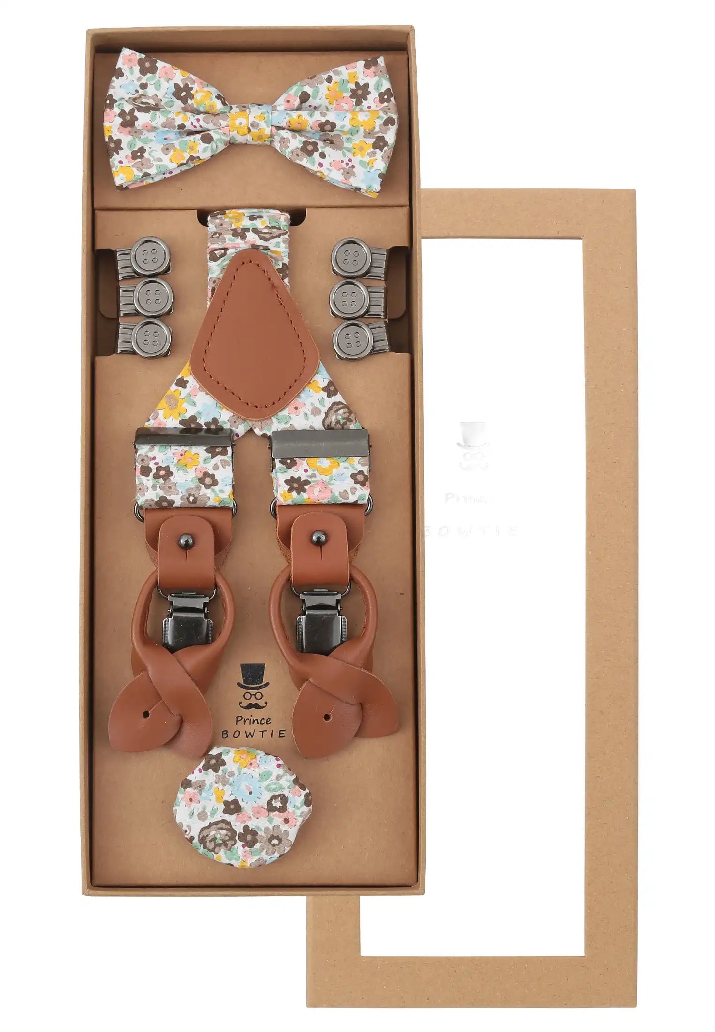 (Beige) Hosenträger Set Blumenmuster mit Fliege und Einstecktuch – Geschenkverpackung Prince Bowtie