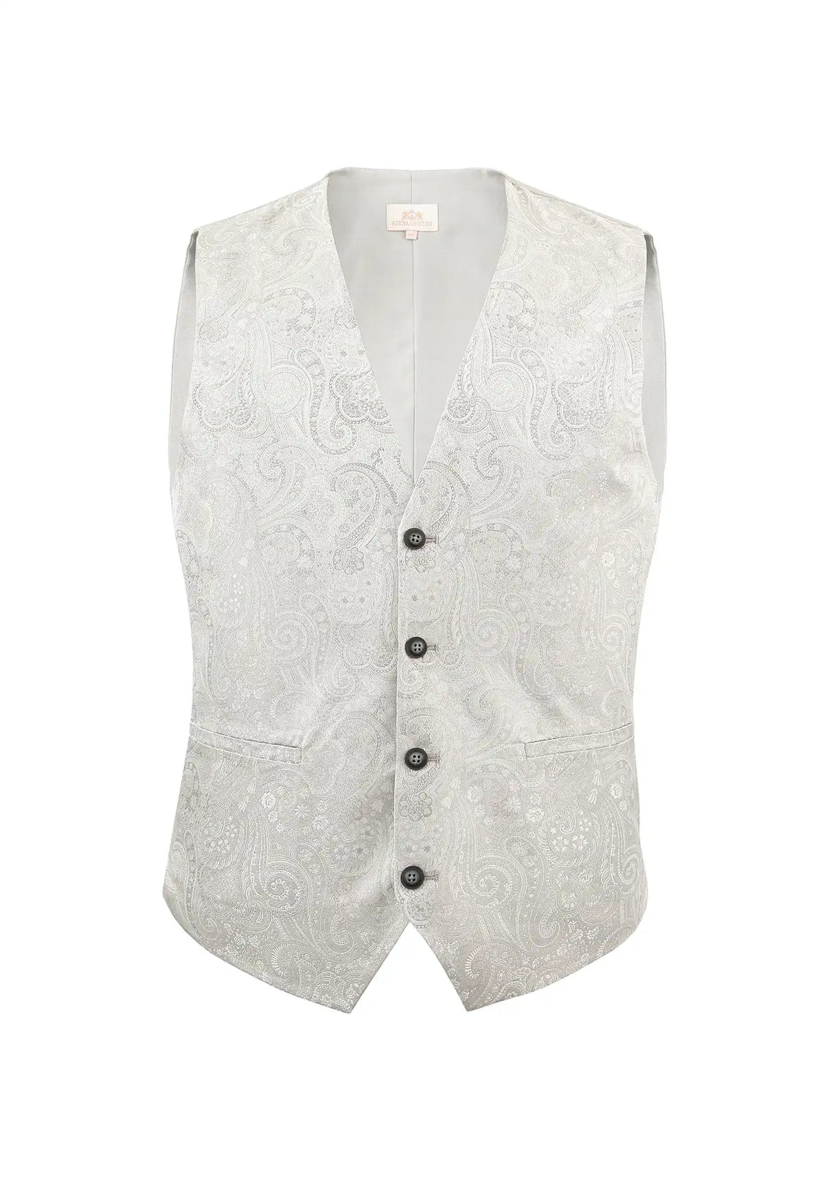 (Champagner) Hochzeitsweste Herren Paisley Seide – Frontalansicht V-Ausschnitt