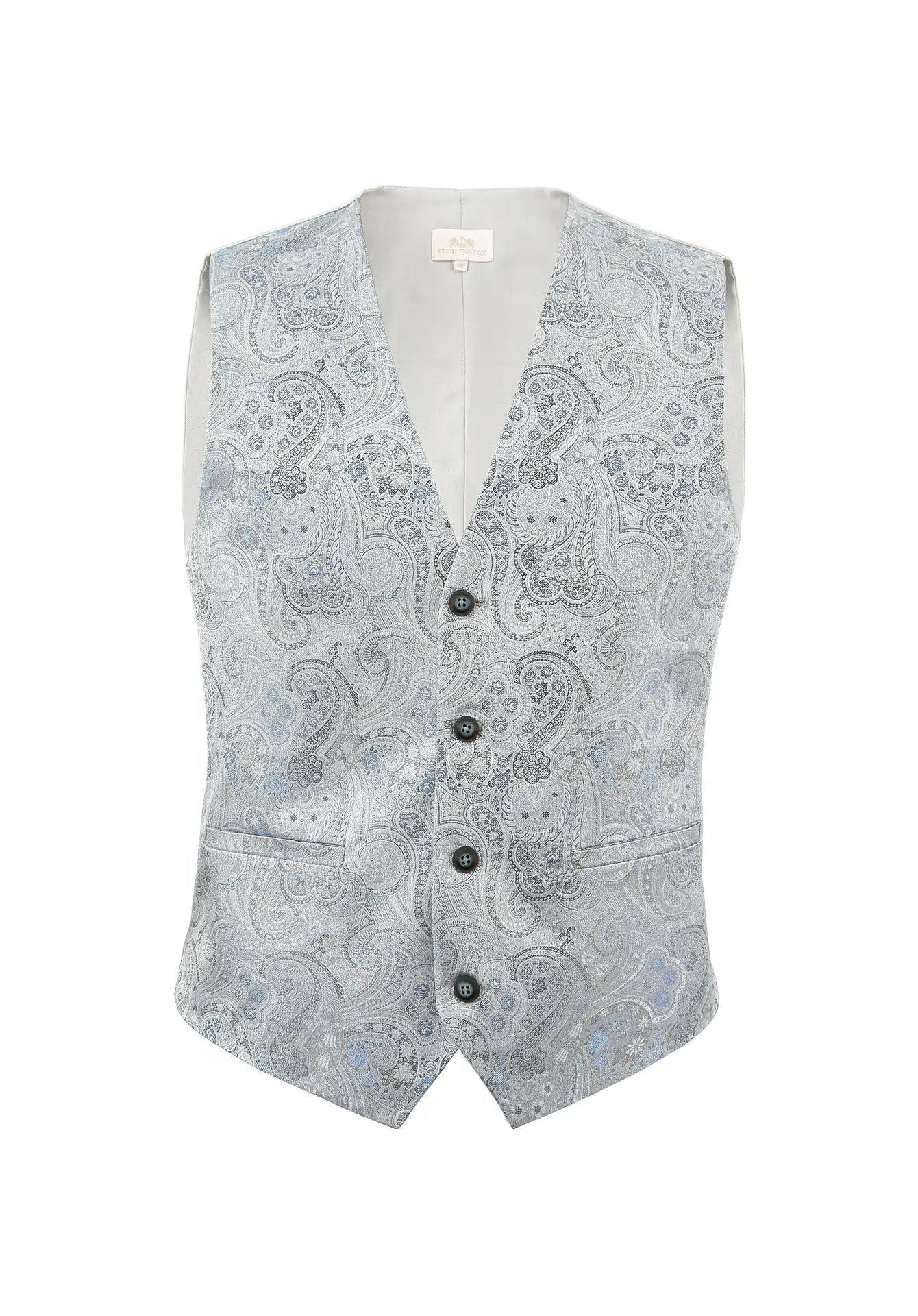 (Blau) Hochzeitsweste Herren Paisley Seide – Frontalansicht V-Ausschnitt