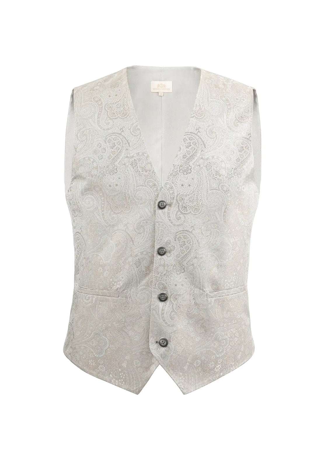 (Beige) Hochzeitsweste Herren Paisley Seide – Frontalansicht V-Ausschnitt