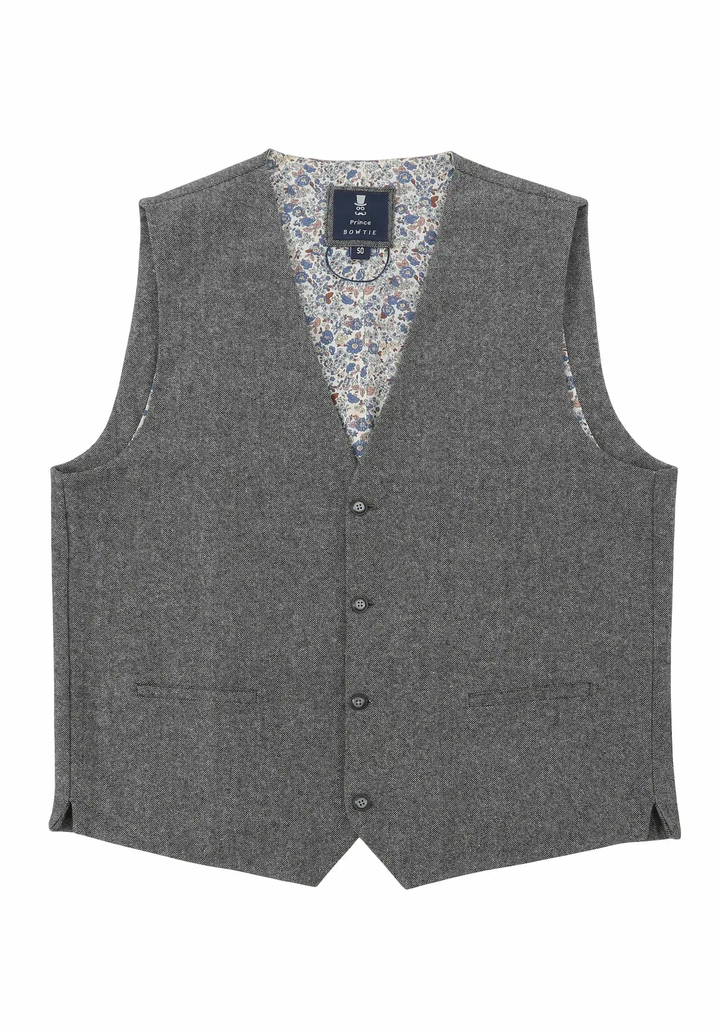 (Grau) Weste Herren Tweed – Frontalansicht mit Knopfleiste und Paspeltaschen