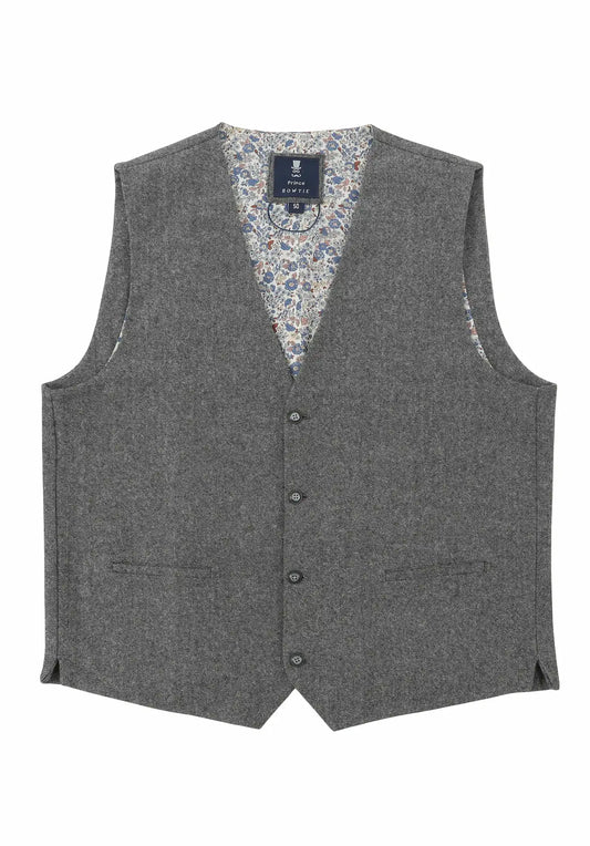 (Grau) Weste Herren Tweed – Frontalansicht mit Knopfleiste und Paspeltaschen