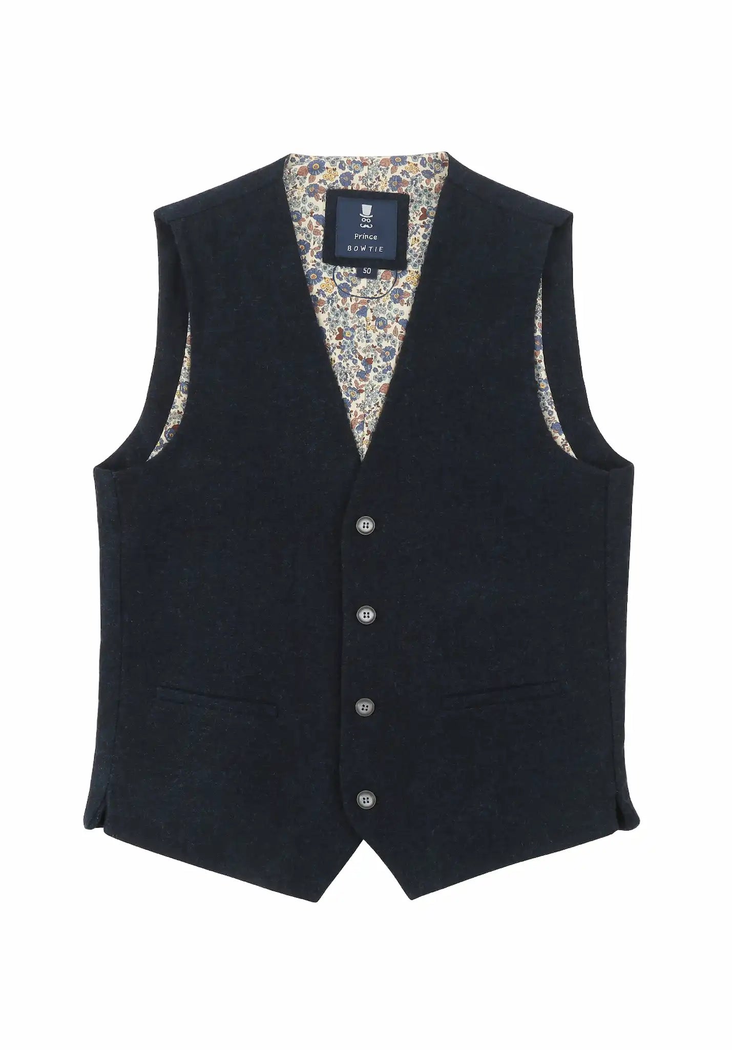 (Dunkelblau) Weste Herren Tweed – Frontalansicht mit Knopfleiste und Paspeltaschen