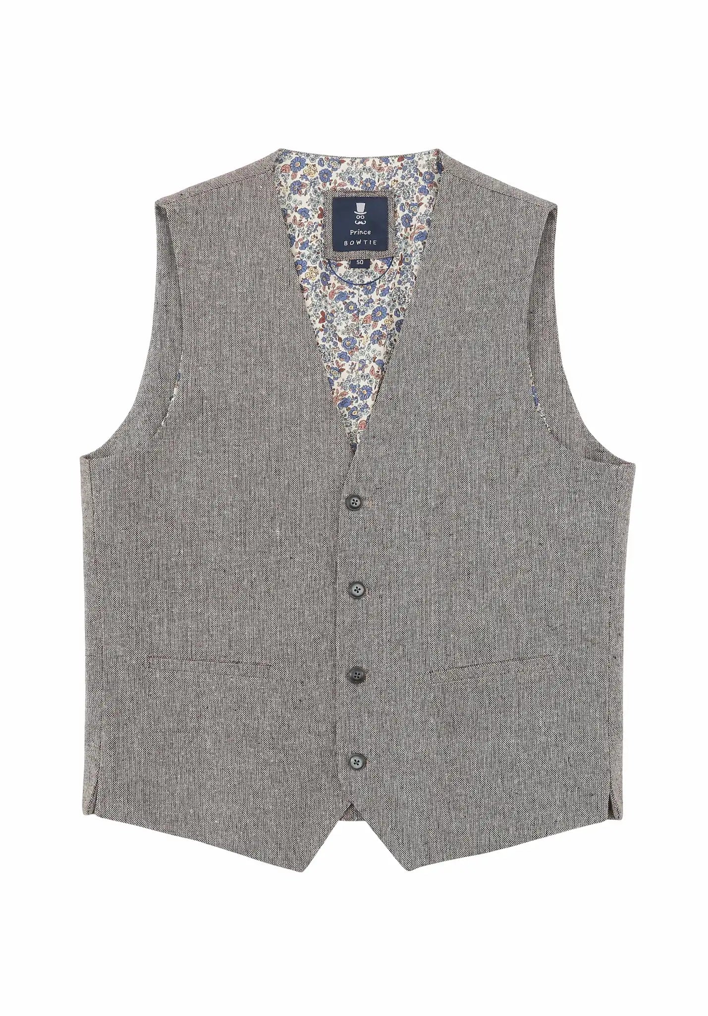 (Beige) Weste Herren Tweed – Frontalansicht mit Knopfleiste und Paspeltaschen