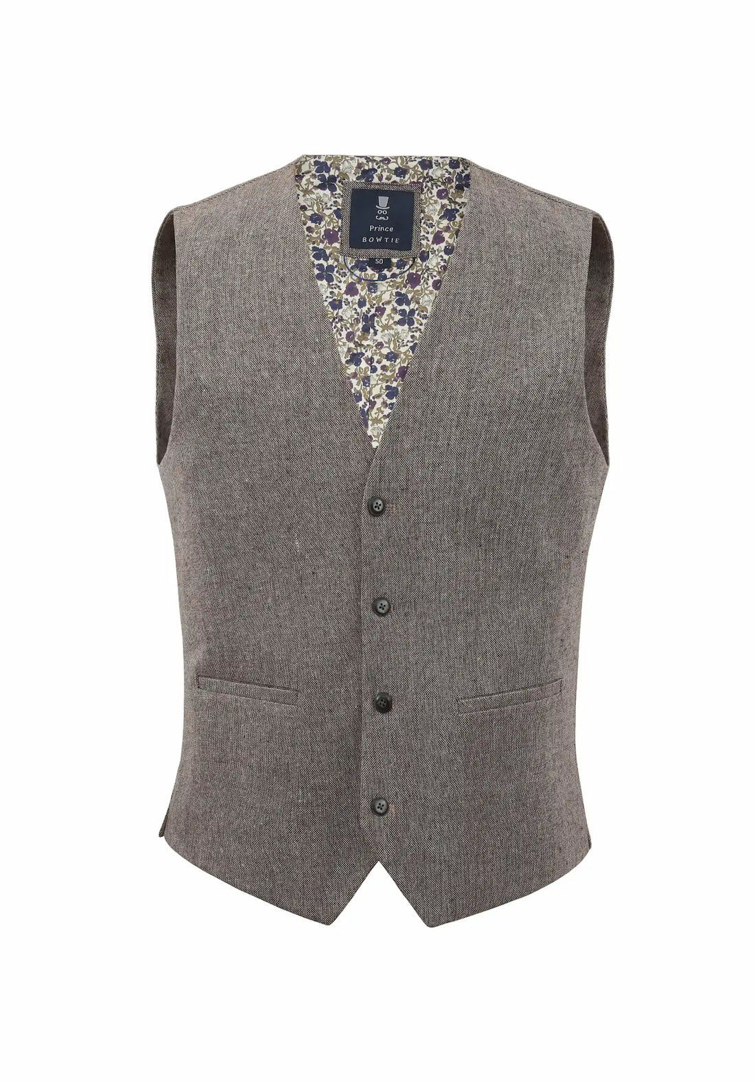 (Beige) Weste Herren Tweed Wolle – Frontalansicht mit floralem Innenfutter