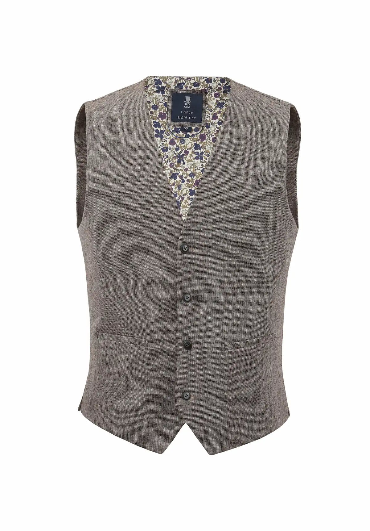 (Beige) Weste Herren Tweed Wolle – Frontalansicht mit floralem Innenfutter