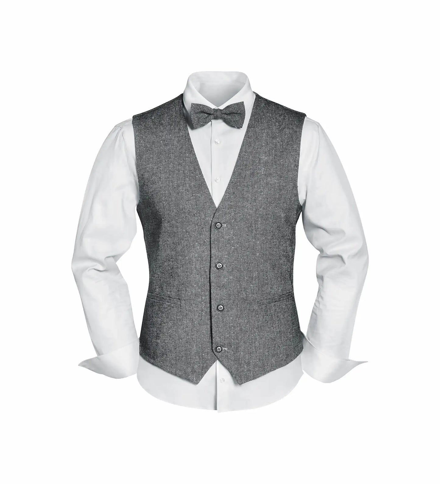 (Grau) Westen Set Herren Tweed mit Fliege – Outfit auf Mannequin mit weißem Hemd