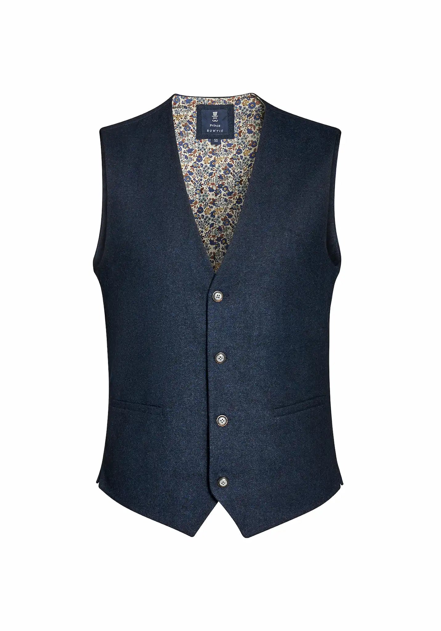 (Dunkelblau) Westen Set Tweed – Weste Frontalansicht mit floralem Innenfutter