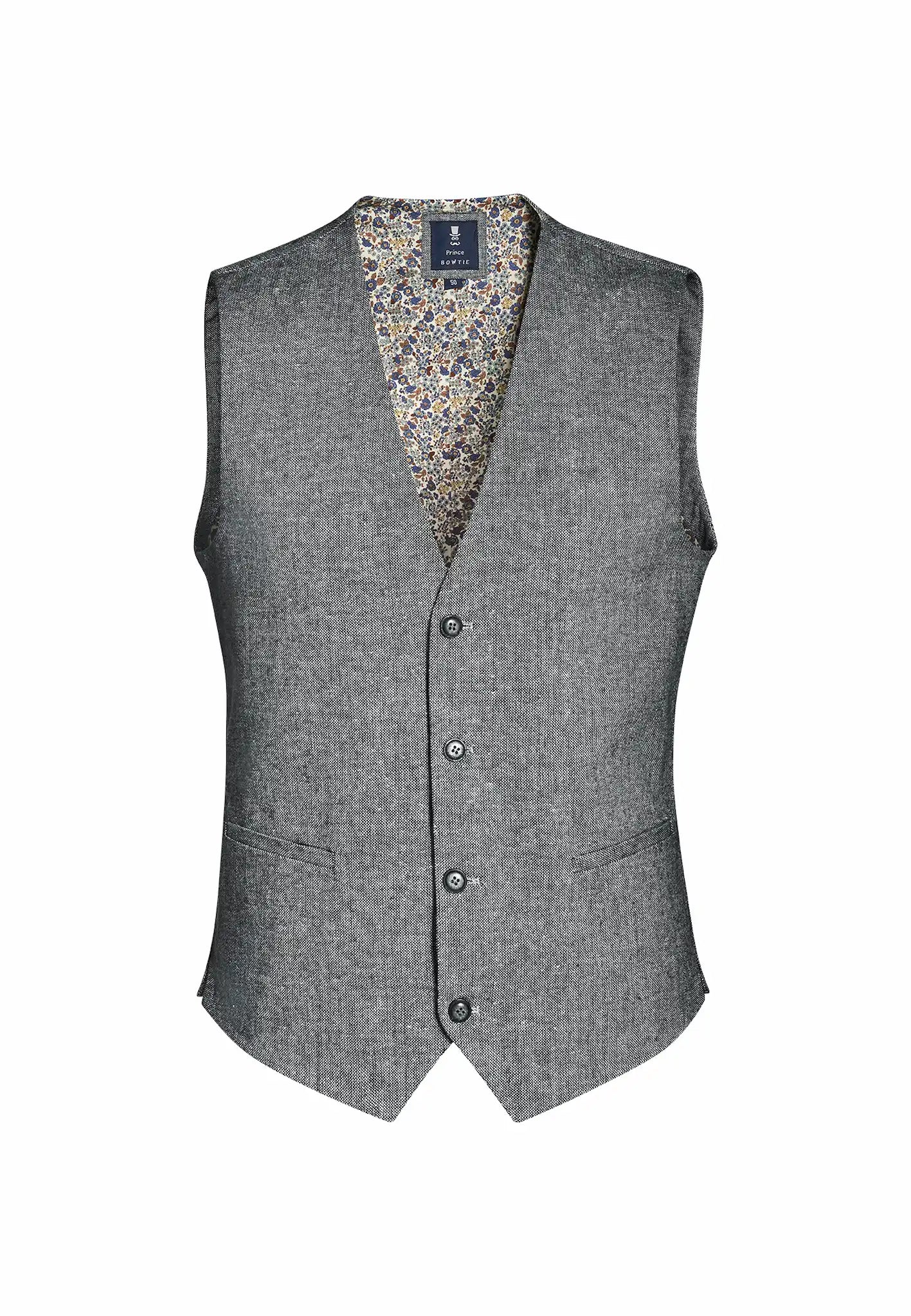 (Grau) Herrenweste Tweed mit floralem Innenfutter – Prince Bowtie