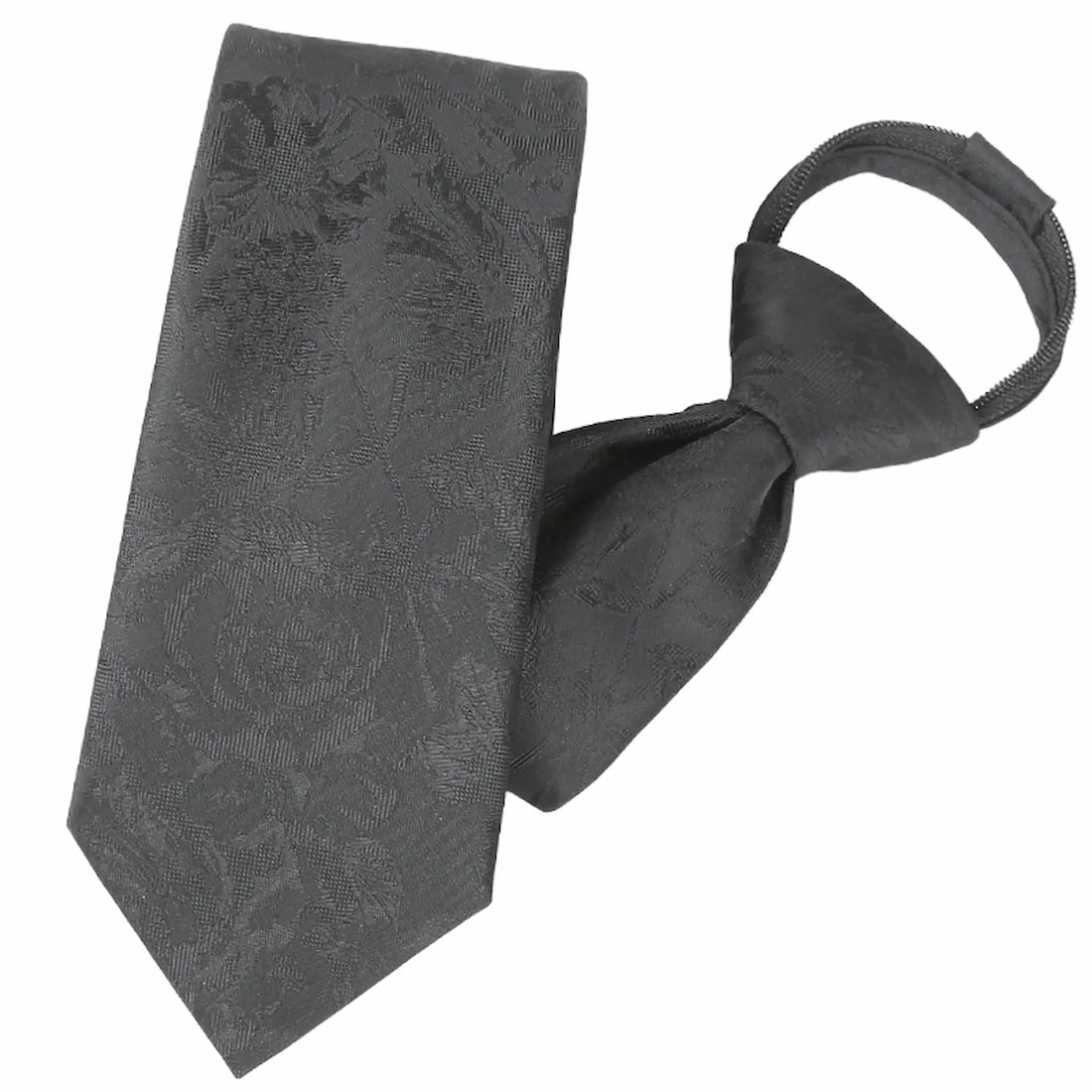 (Schwarz Blumenmuster) Zip-Trauerkrawatte schräg fotografiert, schwarze Krawatte mit Blumenmuster und Schlaufe