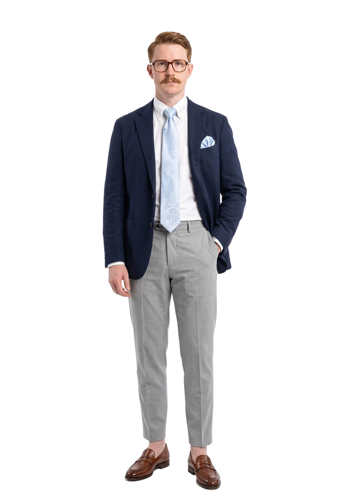 (Hellblau) krawatte einstecktuch set paisley getragen ganzkörper look