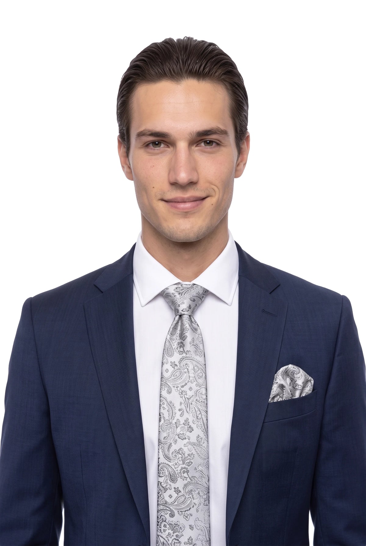 (Silber) hochzeitskrawatte einstecktuch set floral getragen nahaufnahme